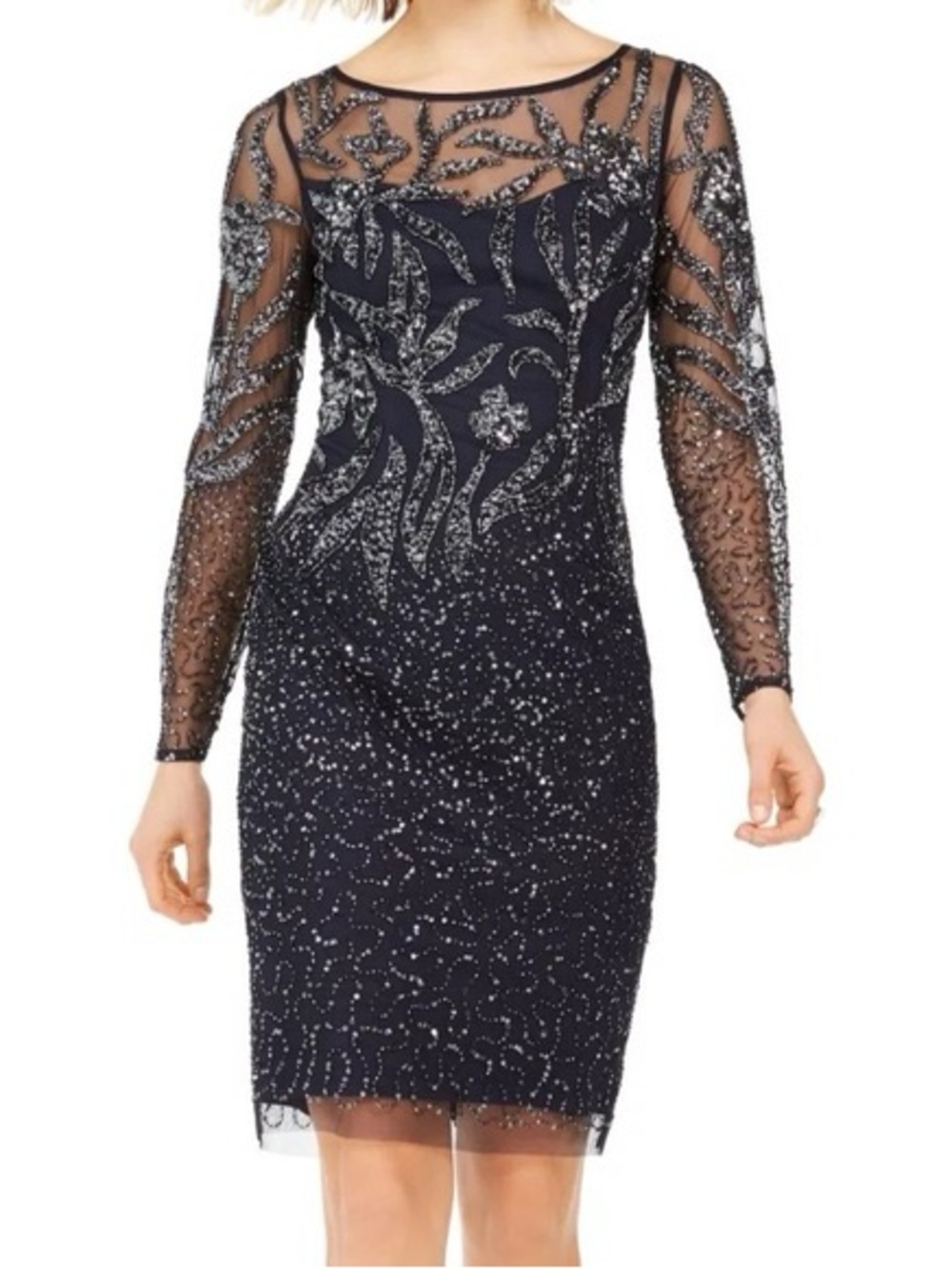 Adrianna Papell NWT Embellished Navy Sheath Dress with Illusion Sleeves